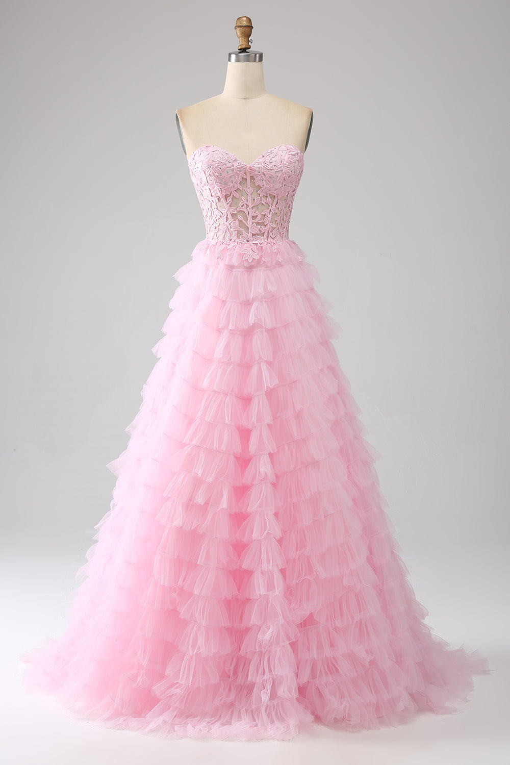 Pink A-Line Strapless Tiered Long Corset Formal Dress