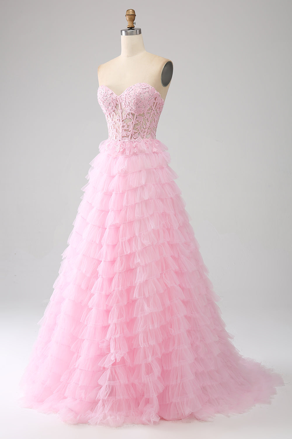 Pink A-Line Strapless Tiered Long Corset Formal Dress