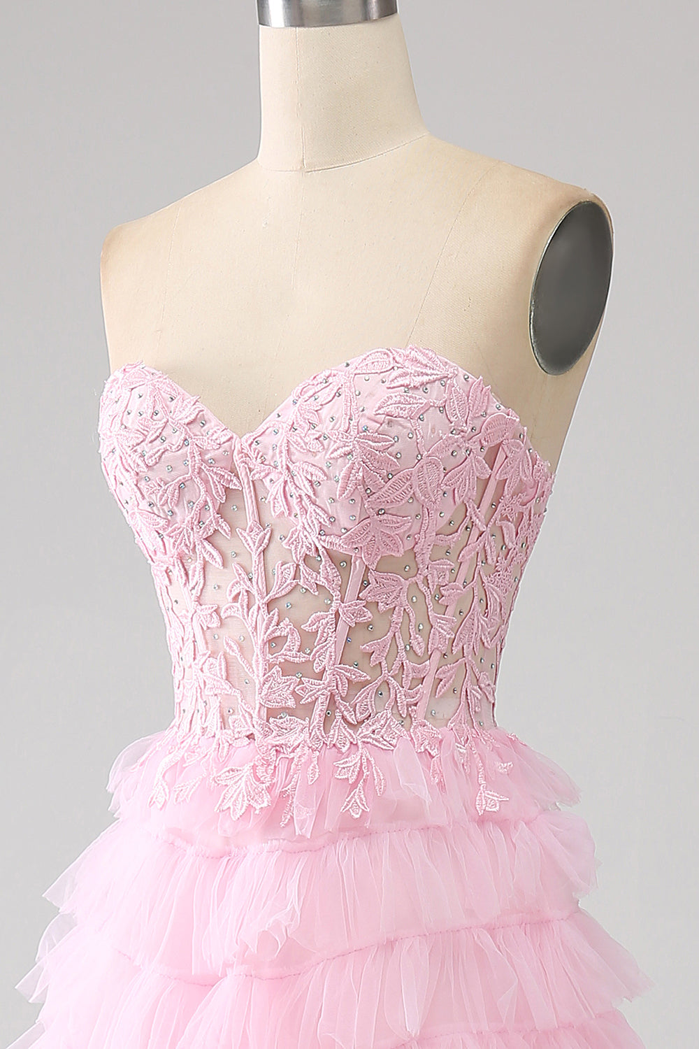 Pink A-Line Strapless Tiered Long Corset Formal Dress