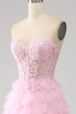 Pink A-Line Strapless Tiered Long Corset Formal Dress