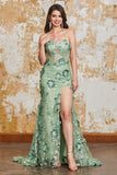 Spaghetti Straps Green Mermaid Corset Formal Dress with Appliques