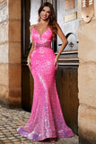 Hot Pink Glitter Mermaid Formal Dress with Beading Waist