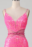 Hot Pink Spaghetti Straps Glitter Mermaid Formal Dress with Beading Waist