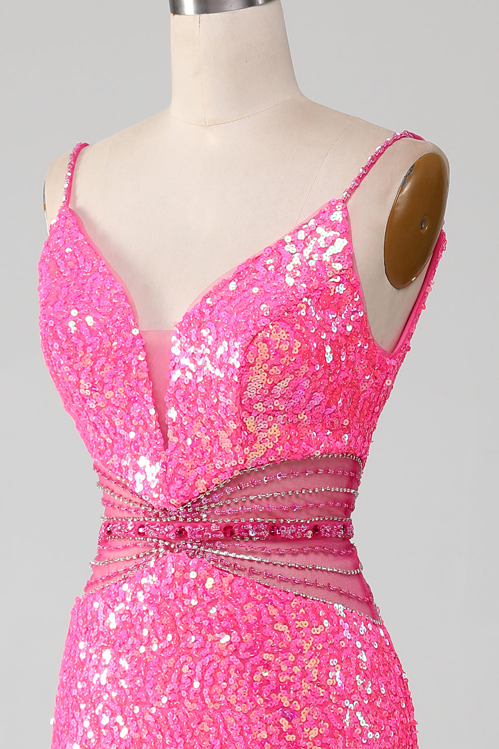 Hot Pink Spaghetti Straps Glitter Mermaid Formal Dress with Beading Waist