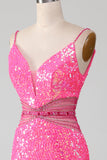 Hot Pink Spaghetti Straps Glitter Mermaid Formal Dress with Beading Waist