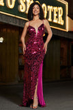Spaghetti Straps Hot Pink Sparkly Mermaid Sequins Long Formal Dress with Slit