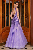 Stunning Mermaid V Neck Purple Sequins Long Formal Dress with Open Back