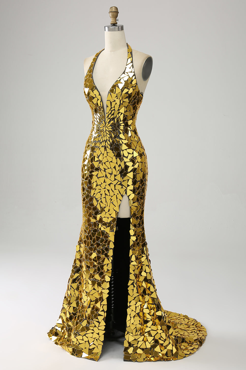 Golden Mermaid Halter Deep V-Neck Backless Mirror Formal Dress With High Slit