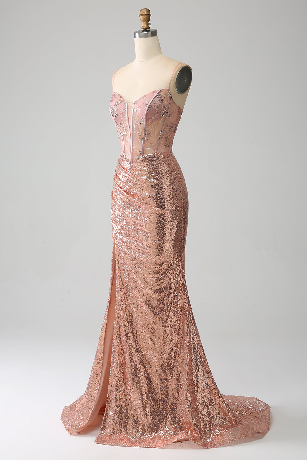 Rose Gold Mermaid Beaded Ruched Sequin Corset Formal Dress With Side Slit
