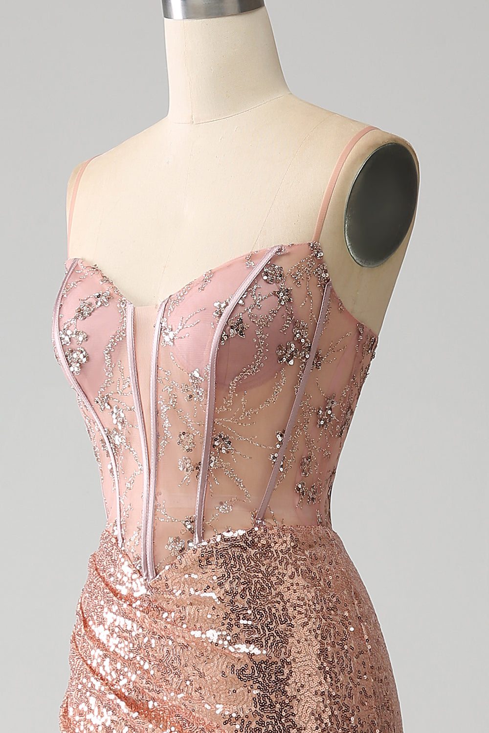 Rose Gold Mermaid Beaded Ruched Sequin Corset Formal Dress With Side Slit
