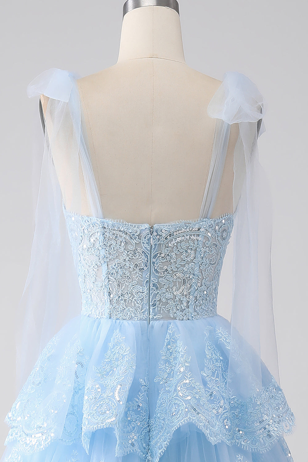 Light Blue Sweetheart Bow Tie Straps Tiered Tulle Sequin Formal Dress with Appliques
