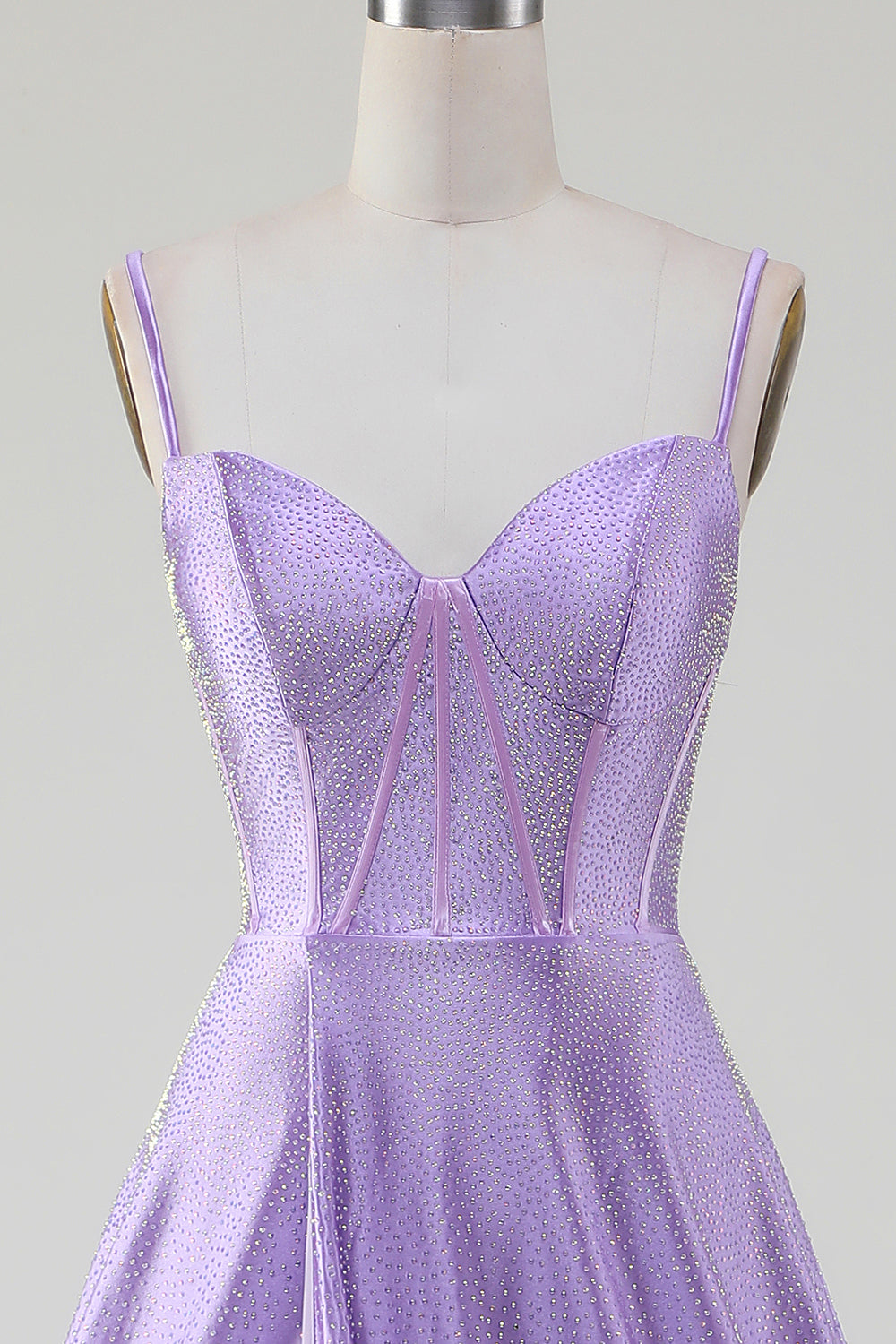Simple Sparkly Lilac A-Line Side Slit Corset Formal Dresses with Rhinestones
