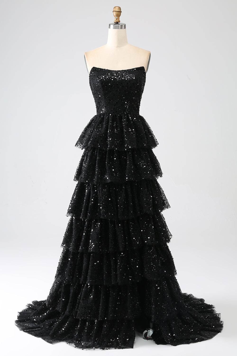 A-Line Sequins Black Tiered Formal Dress with Slit