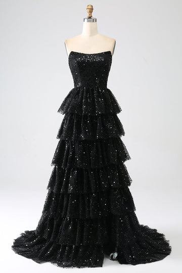 A-Line Sequins Black Tiered Formal Dress with Slit