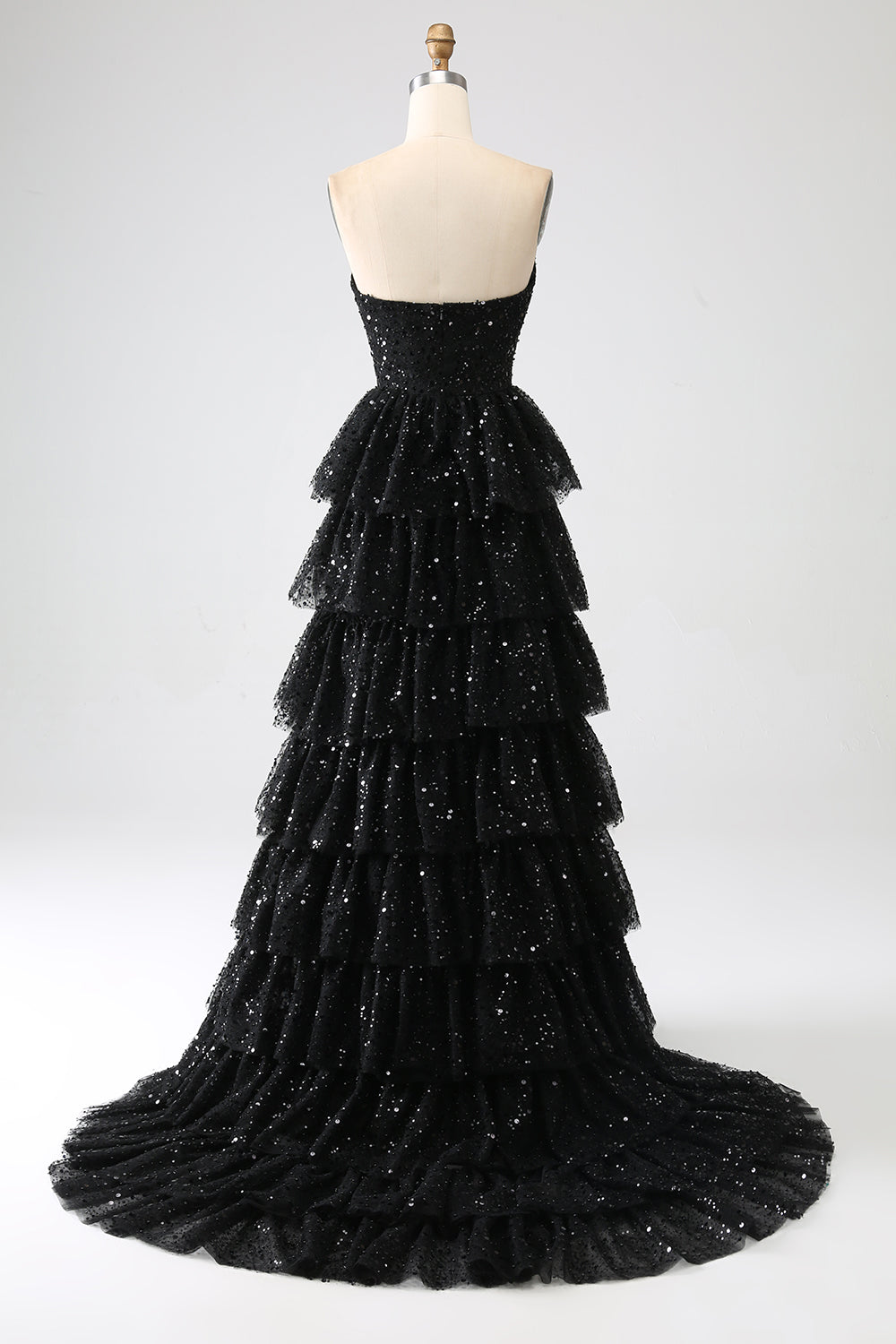 A-Line Sequins Black Tiered Formal Dress with Slit