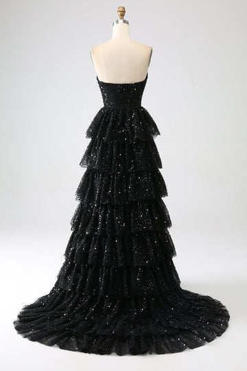 A-Line Sequins Black Tiered Formal Dress with Slit
