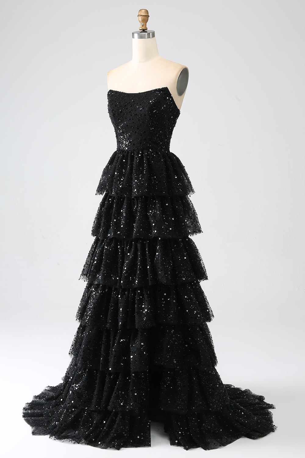 A-Line Sequins Black Tiered Formal Dress with Slit