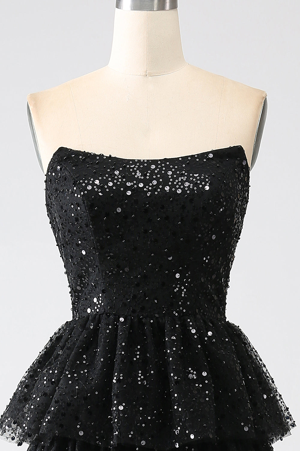A-Line Sequins Black Tiered Formal Dress with Slit