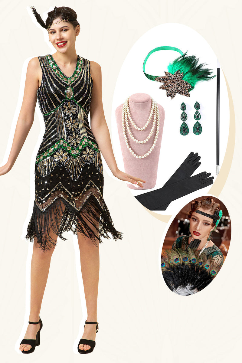 Load image into Gallery viewer, Black Green Sequins Fringes 1920s Gatsby Dress with 20s Accessories Set