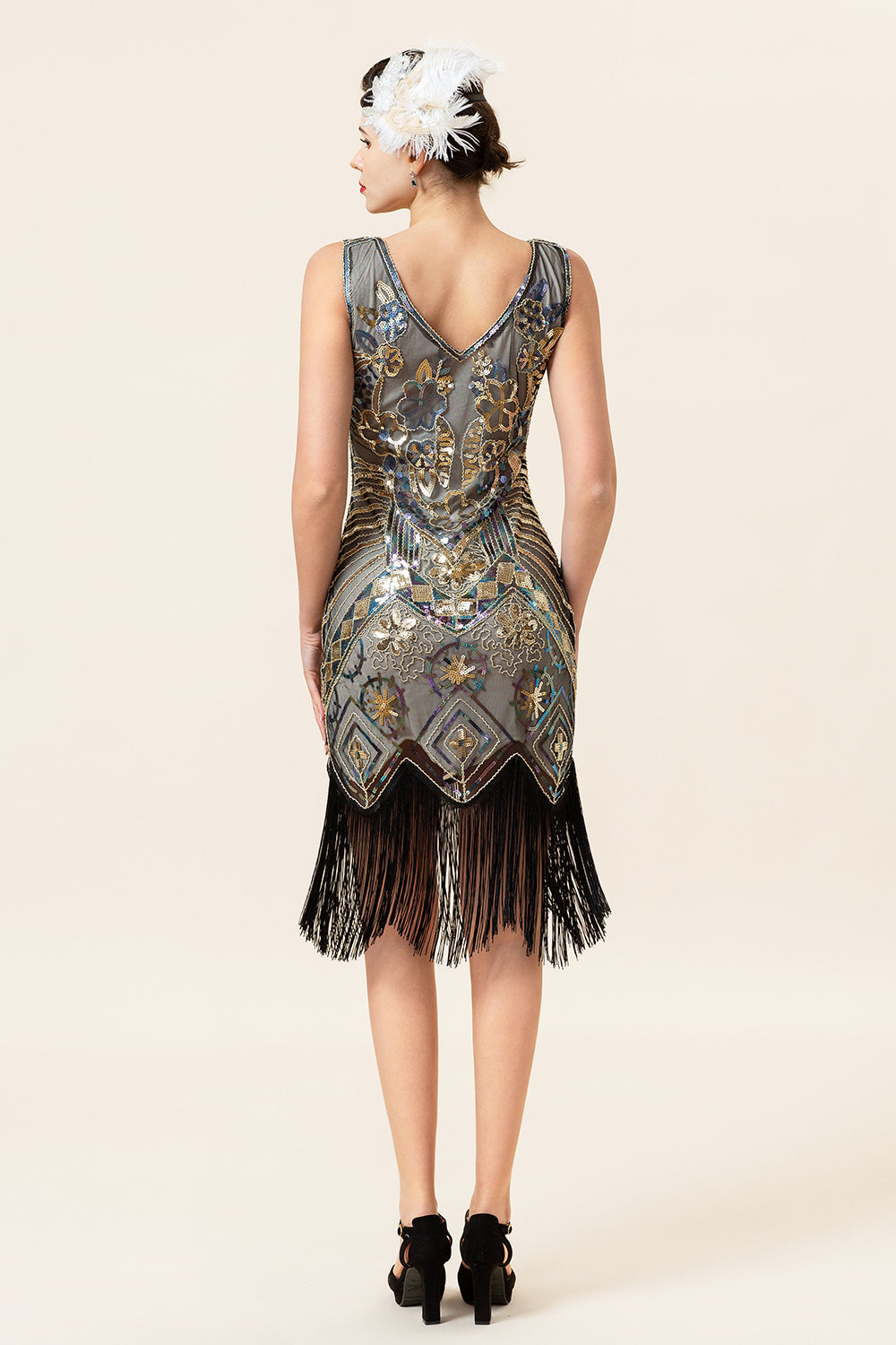 Apricot and Golden Sequined Fringes 1920s Gatsby Flapper Dress with 20s Accessories Set