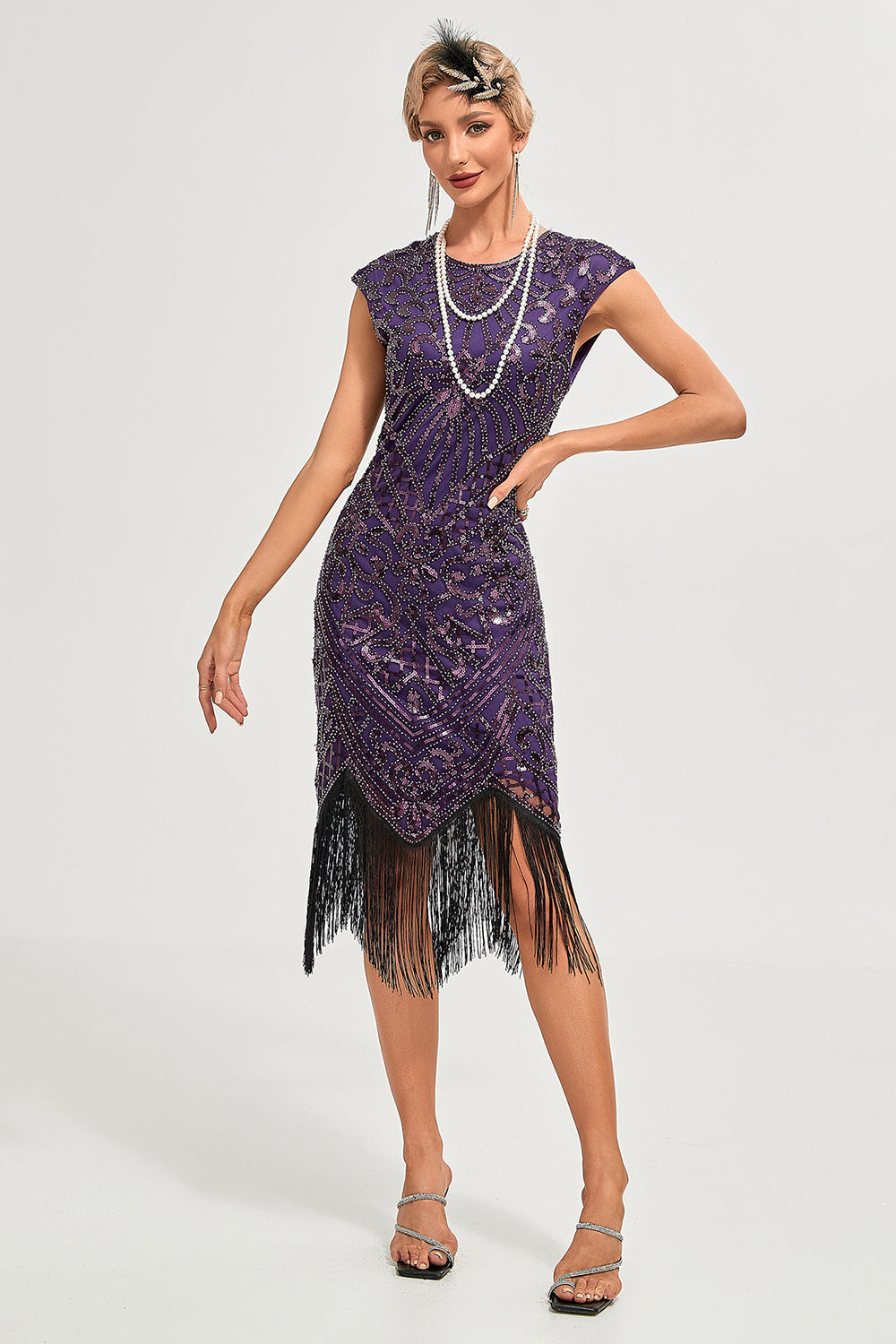 Fringes Dark Purple Beading 1920s Dress with Accessories Set