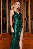 Sparkly Dark Green Spaghetti Straps Long Formal Dress With Accessory