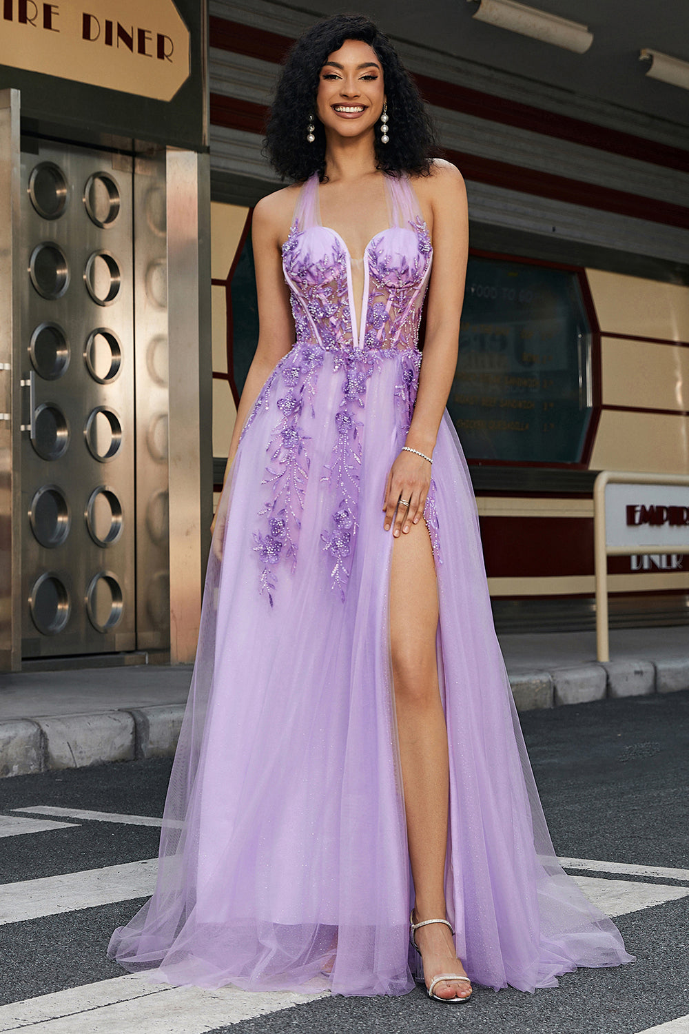 Gorgeous A Line Halter Neck Grey Purple Corset Applique Formal Dress With Accessories Set
