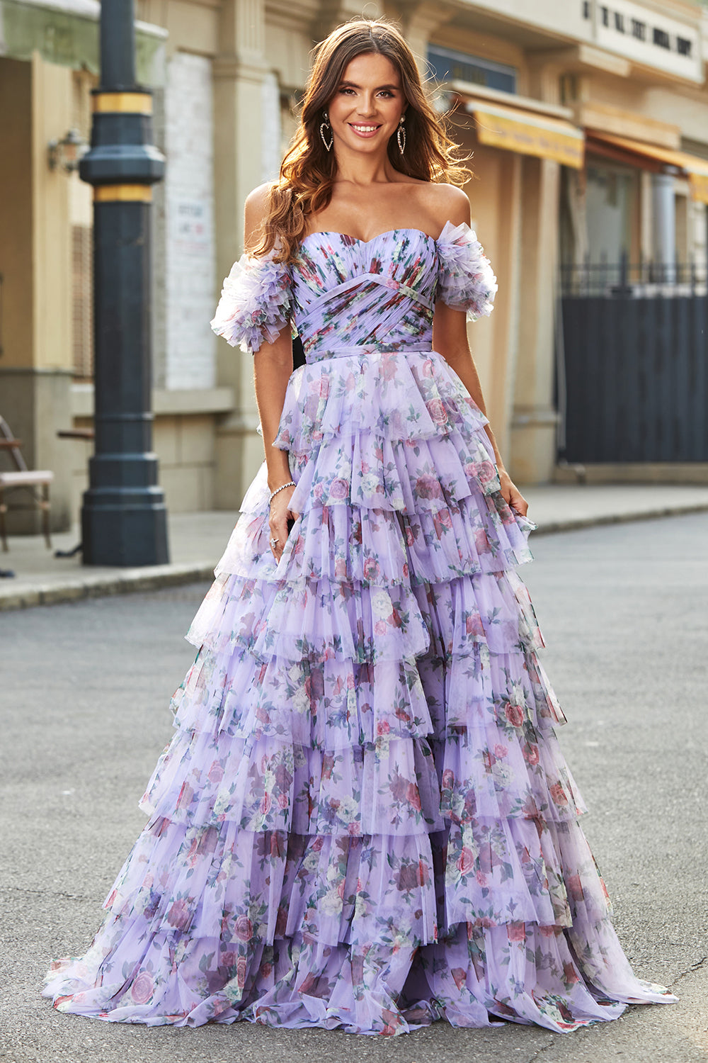 Removable Sleeves Purple Print Tiered Formal Dress with Accessory