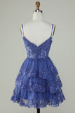 Cute A Line Spaghetti Straps Dark Blue Sparkly Corset Short Formal Dress
