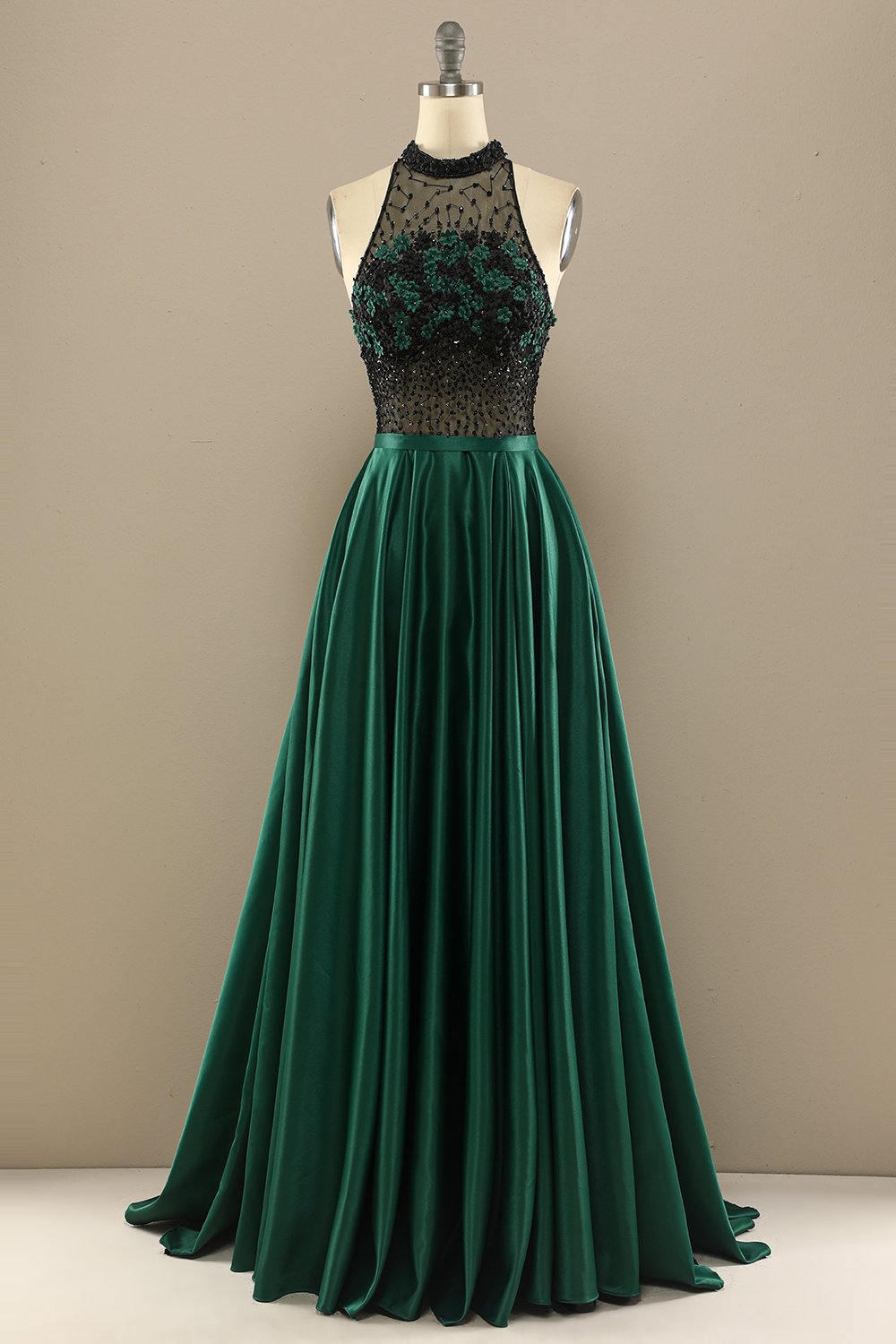 Dark Green Long Beaded Formal Dress With Flowers