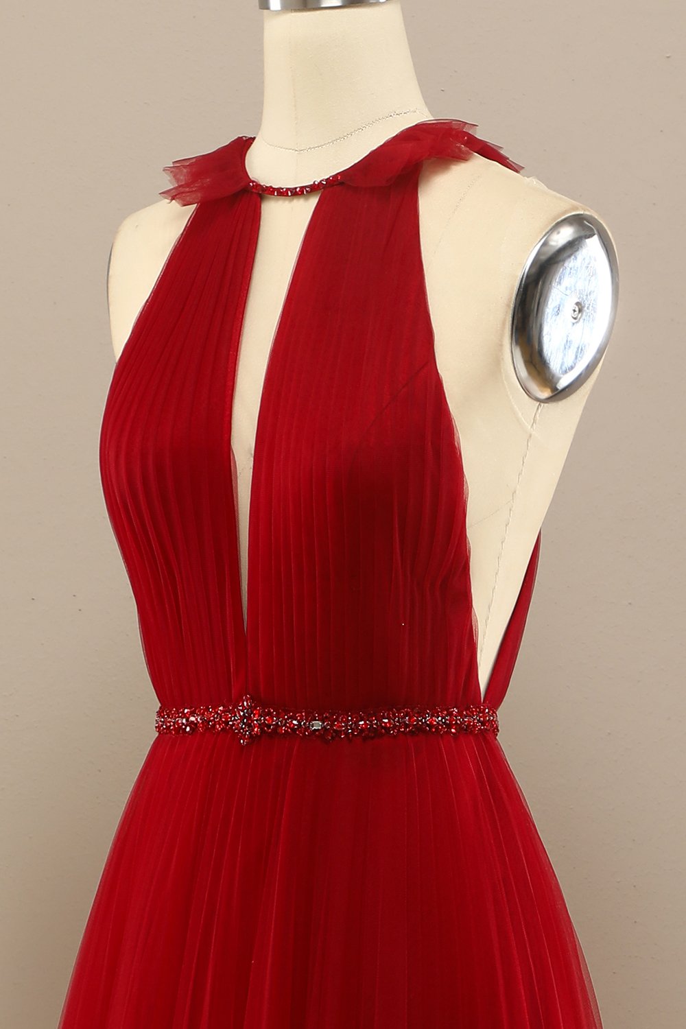 Red Pleated Long Chiffon Formal Dress