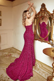 Mermaid Sweetheart Fuchsia Sequins Long Prom Dress with Sweep Train