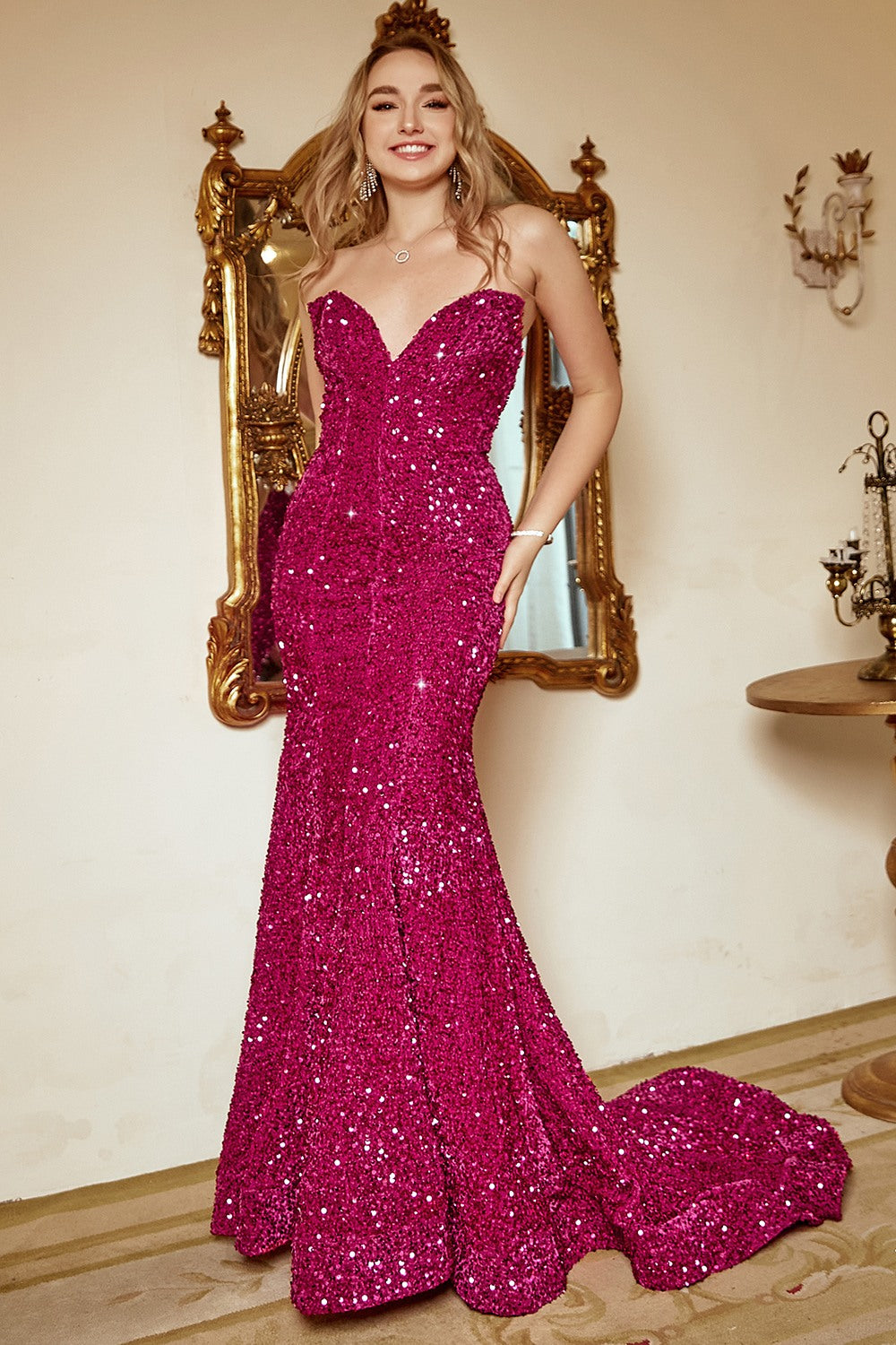 Mermaid Sweetheart Fuchsia Sequins Long Prom Dress with Sweep Train