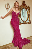 Mermaid Sweetheart Fuchsia Sequins Long Prom Dress with Sweep Train
