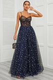 Spaghetti Straps Navy Long Formal Dress with Star