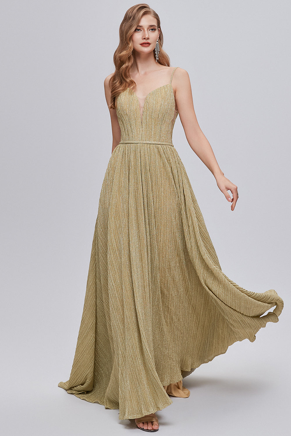 Golden Ruched A-Line Long Formal Dress