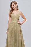 Golden Ruched A-Line Long Formal Dress