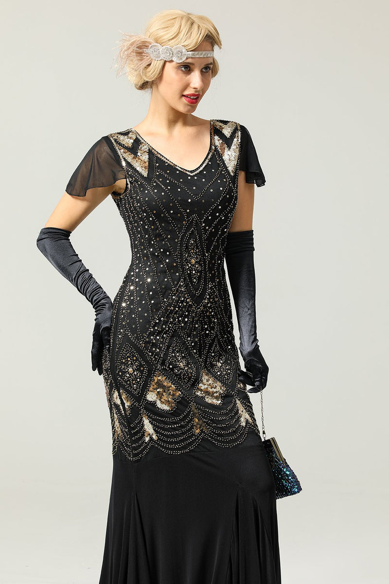 Zapaka Mermaid V Neck Black and Gold Sequins 1920s Gatsby Flapper