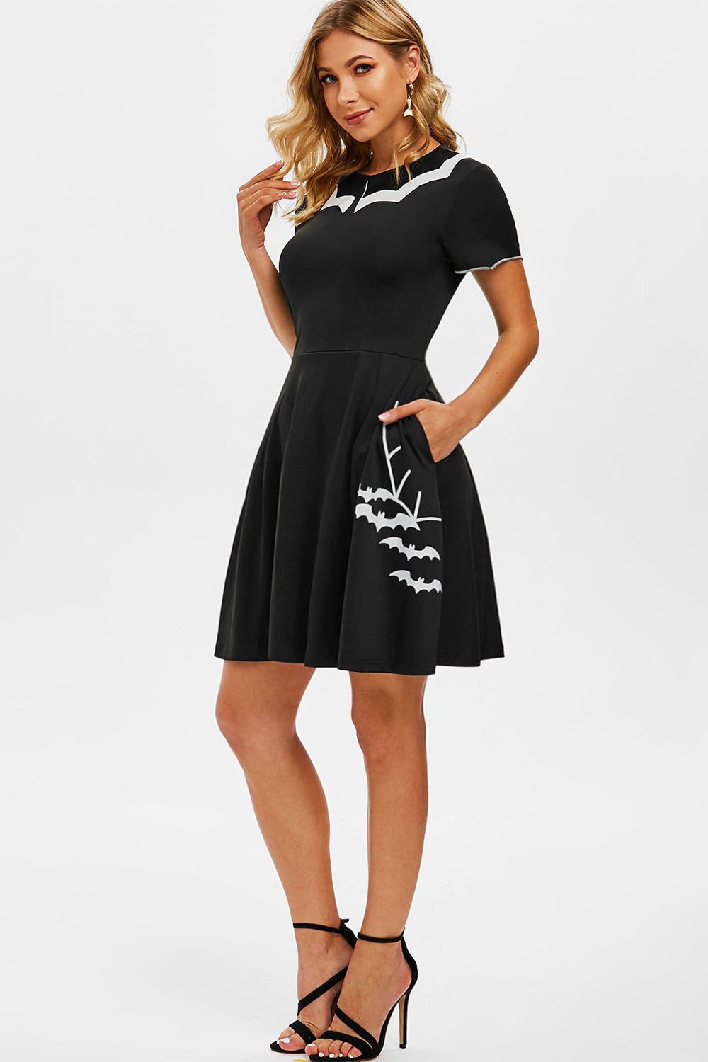 Black Bat Print Halloween Dress