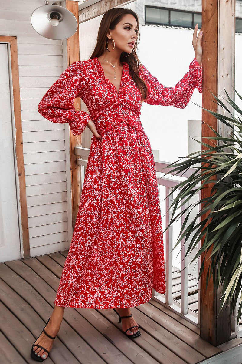 Red floral sales long sleeve dress