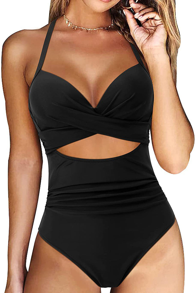 Women's Black Halter O-Ring Ruched Bust One Piece Swimsuit Casual High  Waist Solid Beach Swimwear Bathing Suits : : Clothing, Shoes 