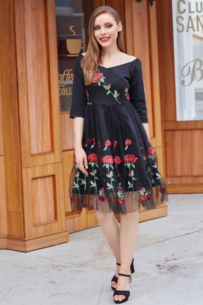 Black dress with outlet embroidered roses