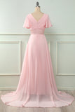 V Neck Pink Bridesmaid Dress with Ruffles