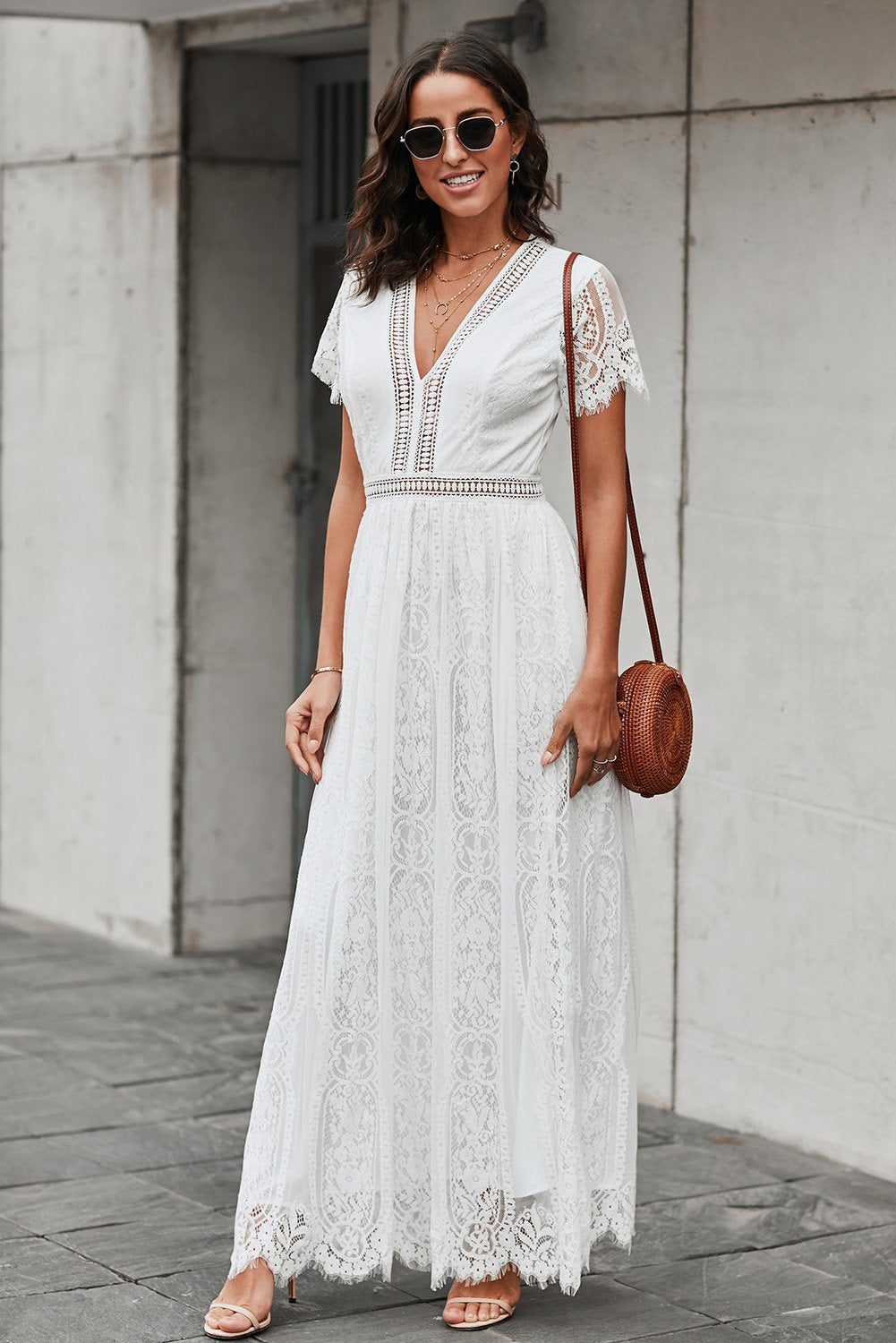 V-neck Long White Lace Dress