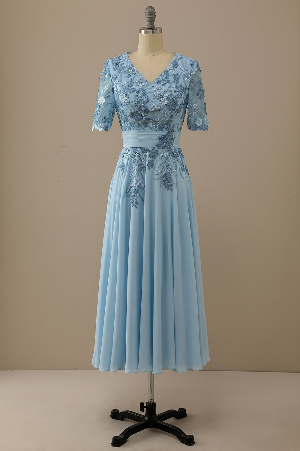 V Neck Blue Mother of Bridal Dress with Appliques