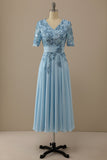 V Neck Blue Mother of Bridal Dress with Appliques