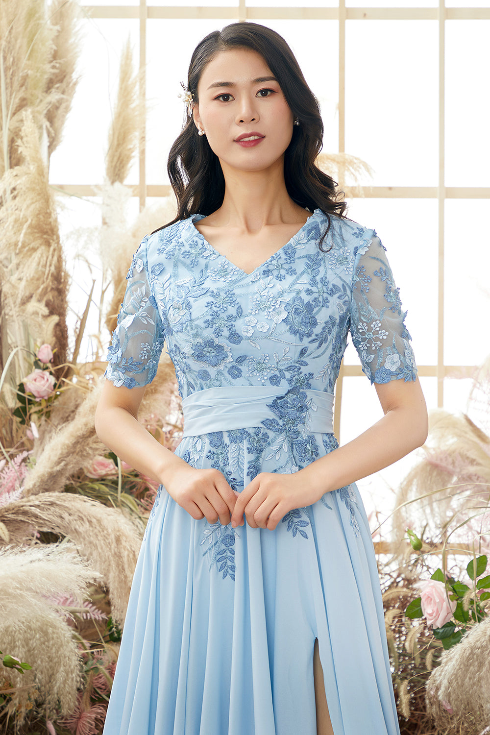 V Neck Blue Mother of Bridal Dress with Appliques