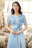 V Neck Blue Mother of Bridal Dress with Appliques