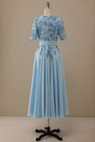 V Neck Blue Mother of Bridal Dress with Appliques