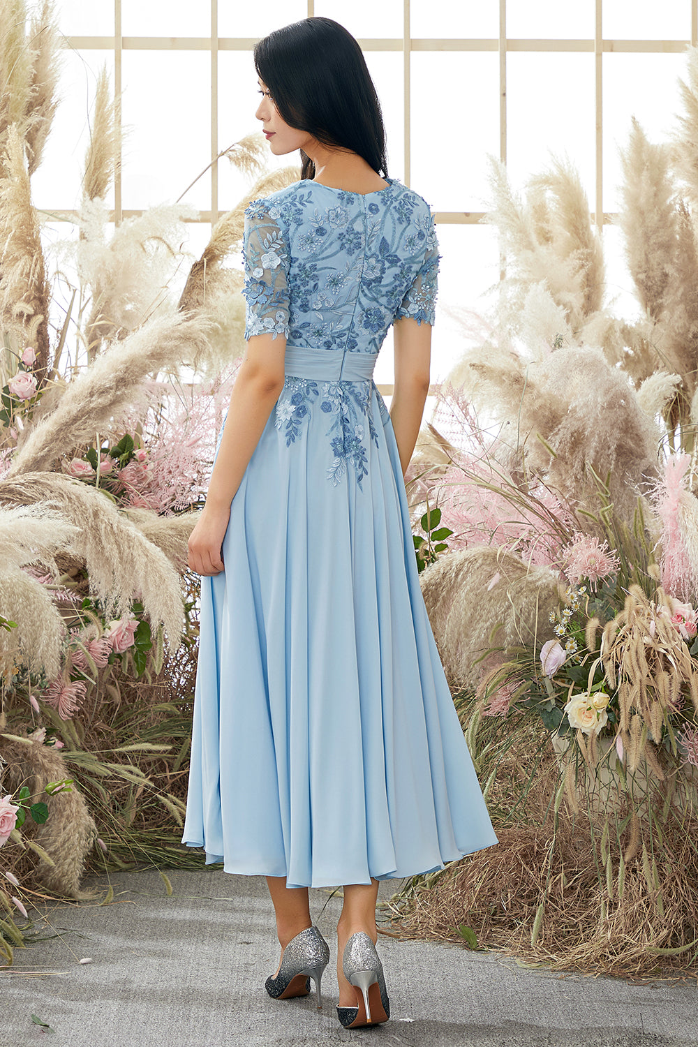 V Neck Blue Mother of Bridal Dress with Appliques